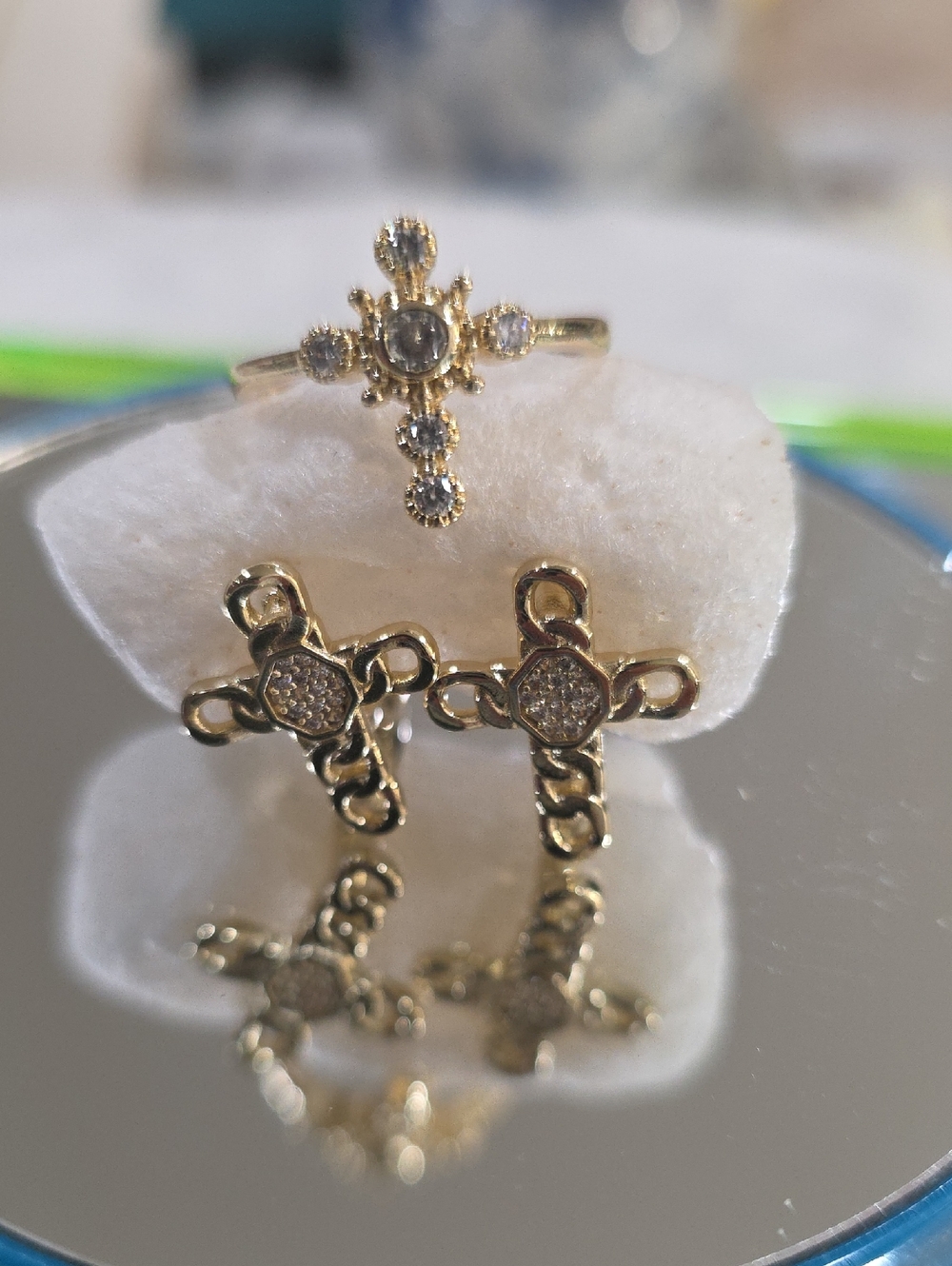 14kGold Plated Cross Earrings and Ring Set with Clear Stones - Women Jewelry